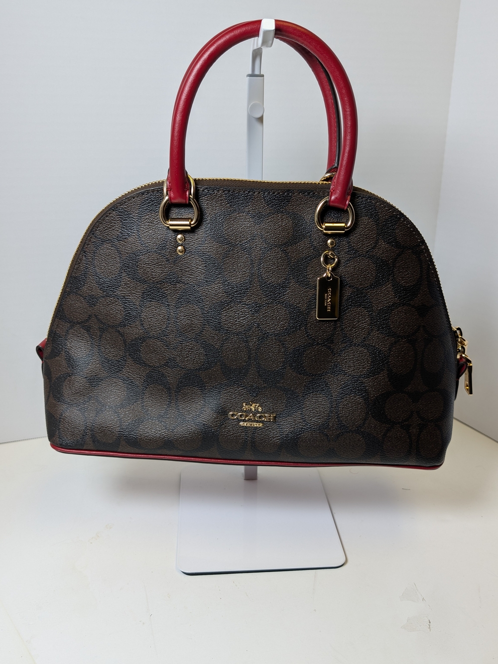 Coach Brown Signature Dome Satchel with Red Handles and Trim